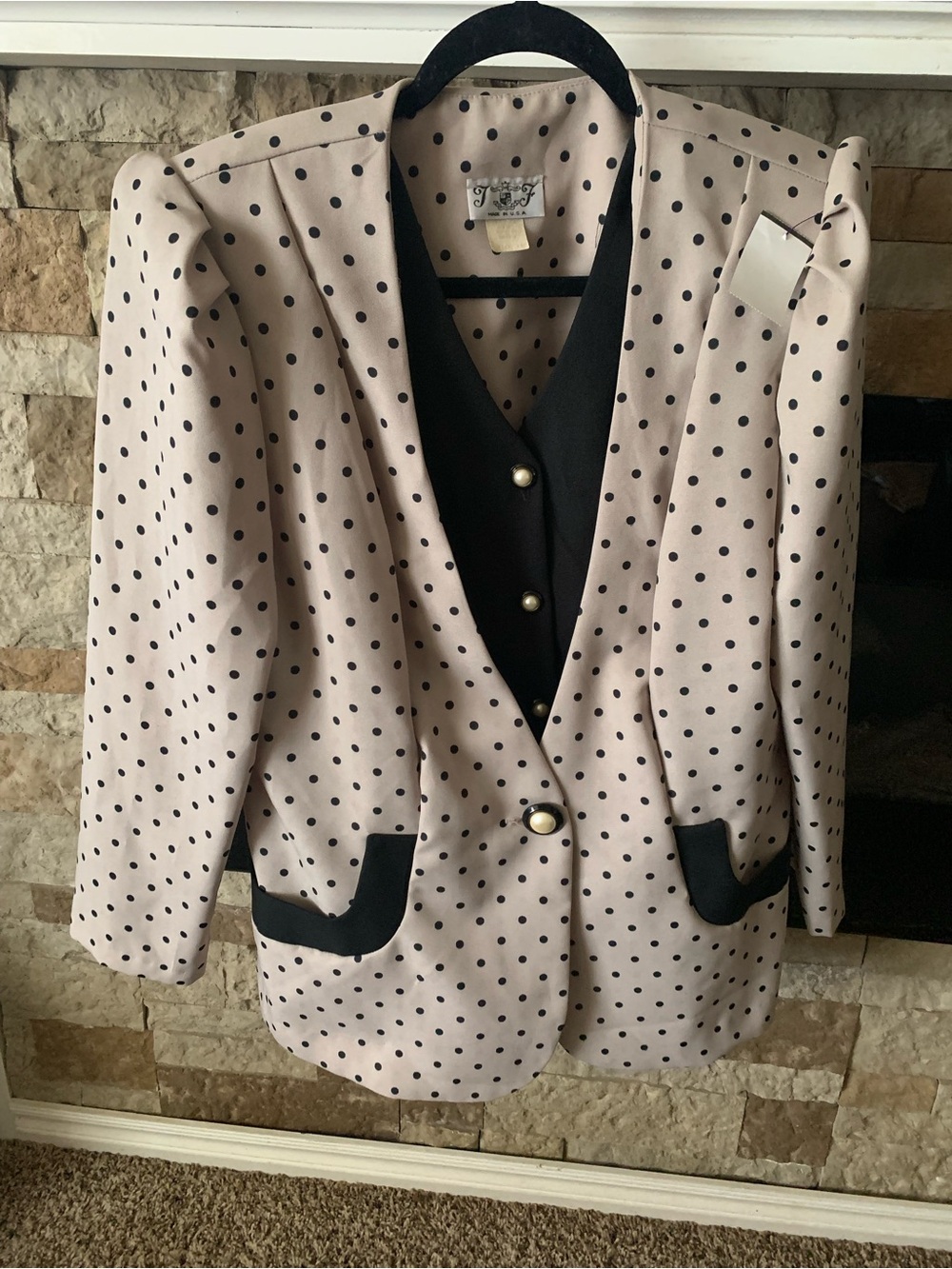 80s Polka Dot Blazer Jacket in Light Beige with Black Trim Pearl Buttons Banger
